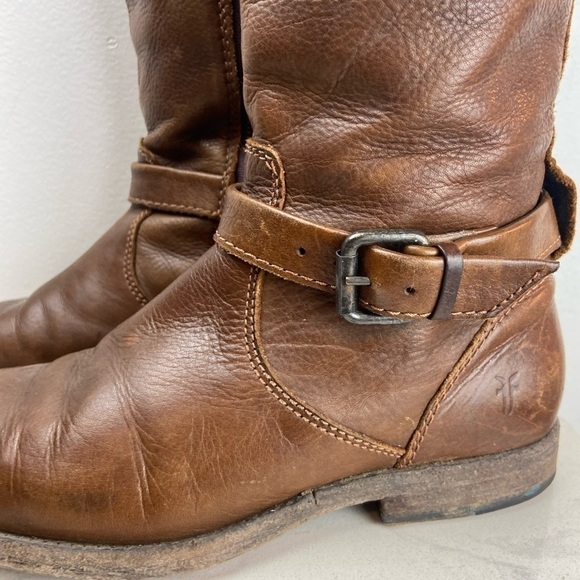 FRYE Phillip Pebbled Leather Knee High Roding Boots Brown Buckle - Picture 9 of 16